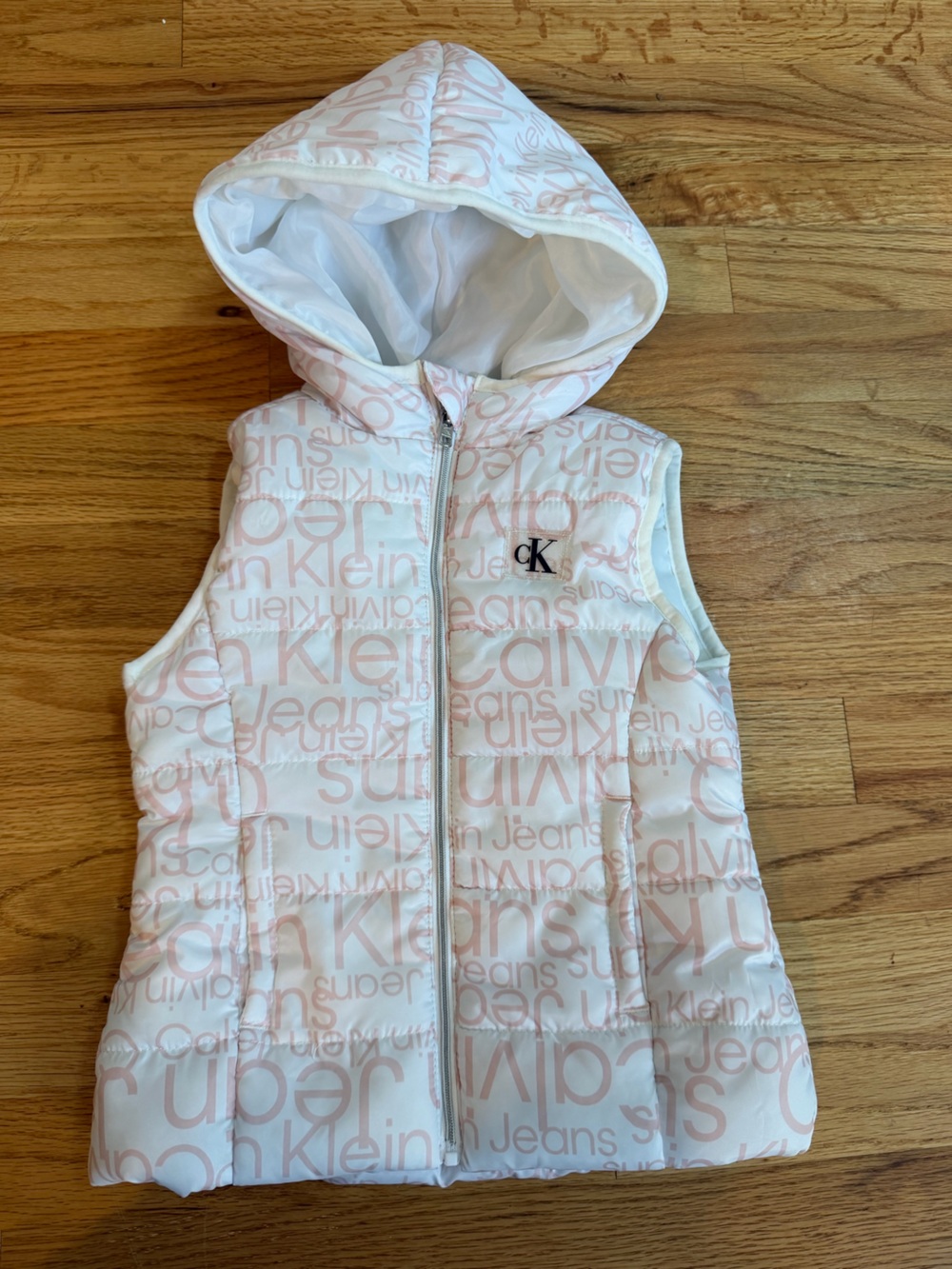 Calvin Klein White & Light Pink Logo Hooded Puffer Vest for Toddler Girl 3T